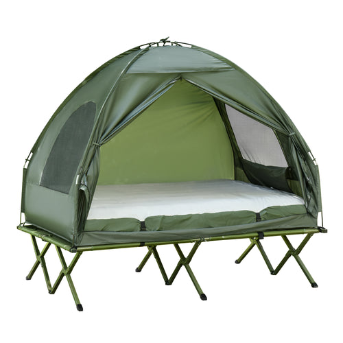 All in 1 Camping Combo Portable Folding Camping Tent Cot Air Mattress w/ Carry Bag and Pump Hiking Shelter Sleeping Bed Dark Green