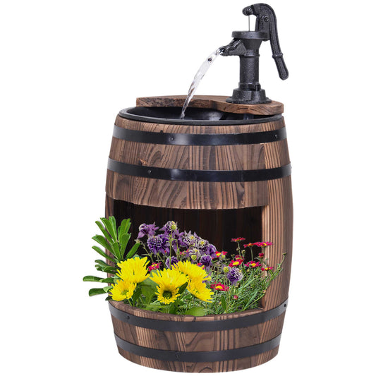 Wooden Outdoor Fountain, Electrical Barrel Waterfall with 3600r/min Speed Pump for Patio, Backyard, Carbonized - Gallery Canada