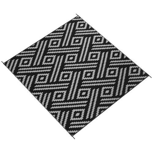 Reversible Outdoor Rug Waterproof Plastic Straw RV Rug with Carry Bag, 8' x 10', Black and Grey Geometric