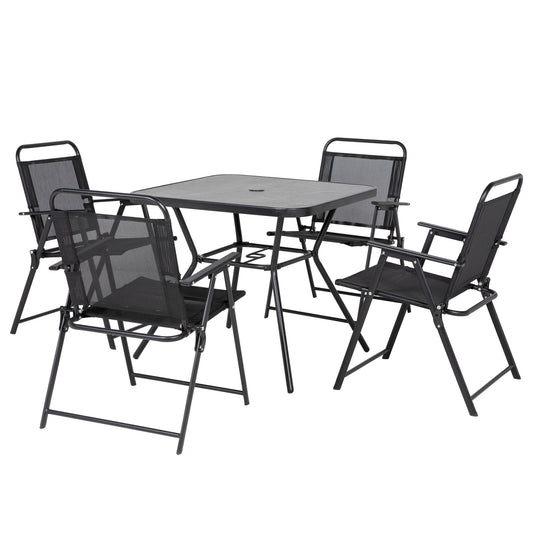 5-Piece Outdoor Dining Set with 4 Foldable Armchairs, Patio Furniture Sets with Umbrella Hole &; Wood-plastic Composite Top Dining Table, Mesh Seat, Black at Gallery Canada