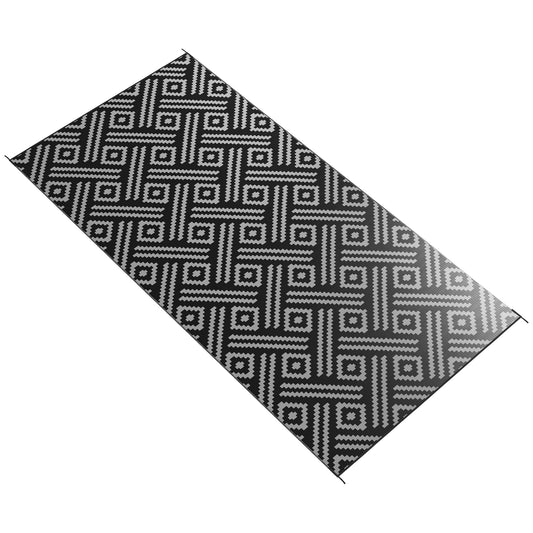 Reversible Outdoor Rug Waterproof Plastic Straw RV Rug with Carry Bag, 9' x 18', Black and Grey Geometric - Gallery Canada