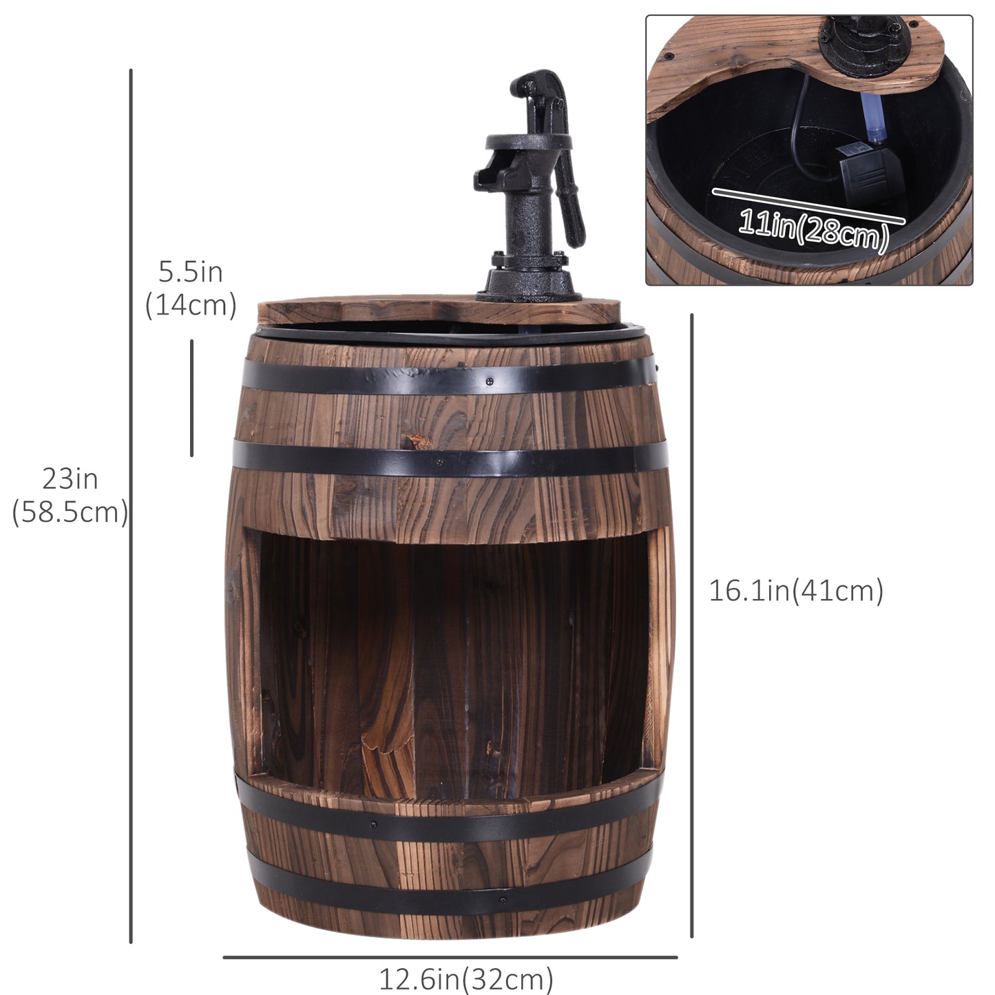 Wooden Outdoor Fountain, Electrical Barrel Waterfall with 3600r/min Speed Pump for Patio, Backyard, Carbonized at Gallery Canada
