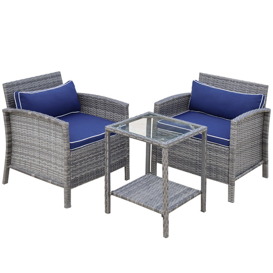 3 Pieces Patio Wicker Coffee Table Set Bistro Conversation Furniture with Cushion for Patio Yard Porch Blue at Gallery Canada