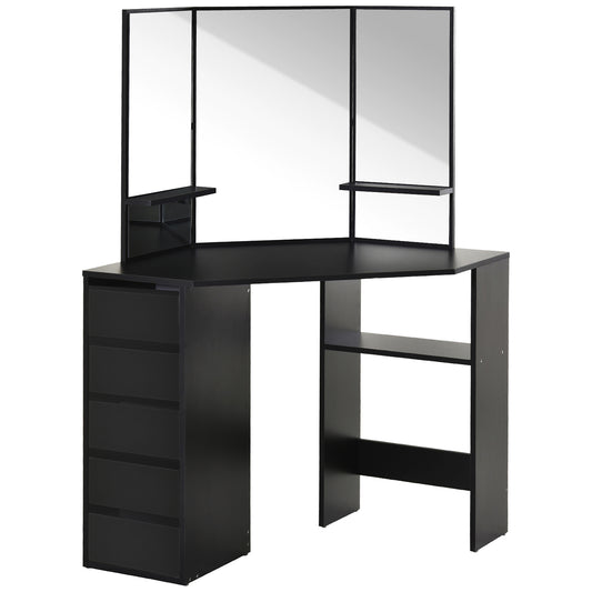 Corner Vanity Table, Makeup Desk with Tri-Fold Mirror and 5 Drawers, Black - Gallery Canada