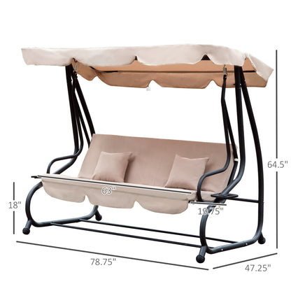 3-Seat Outdoor Patio Swing Chair, Converting Flat Bed, Canopy Swing with Adjustable Shade, Removable Cushions, Cup Holder, Light Brown at Gallery Canada