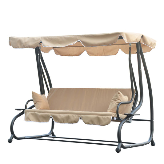 3-Seat Outdoor Patio Swing Chair, Converting Flat Bed, Canopy Swing with Adjustable Shade, Removable Cushions, Cup Holder, Light Brown - Gallery Canada
