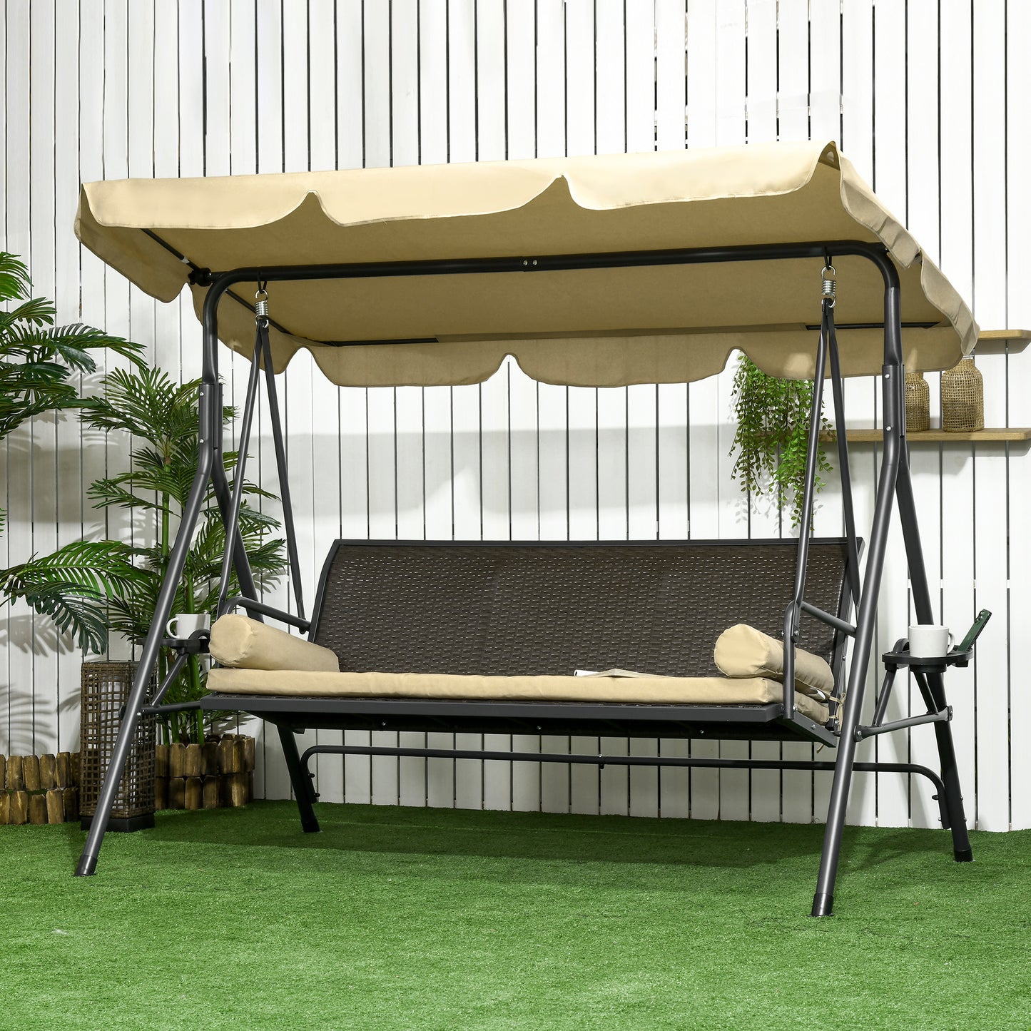 Outdoor 3-Seat Porch Swing with Canopy, Rattan Seat, Removable Cushion, Pillows and Steel Frame at Gallery Canada
