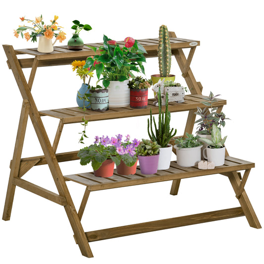 3-tier Ladder Plant Stand Foldable Wood Flower Display Shelf for Indoor Outdoor Home Garden, Brown - Gallery Canada