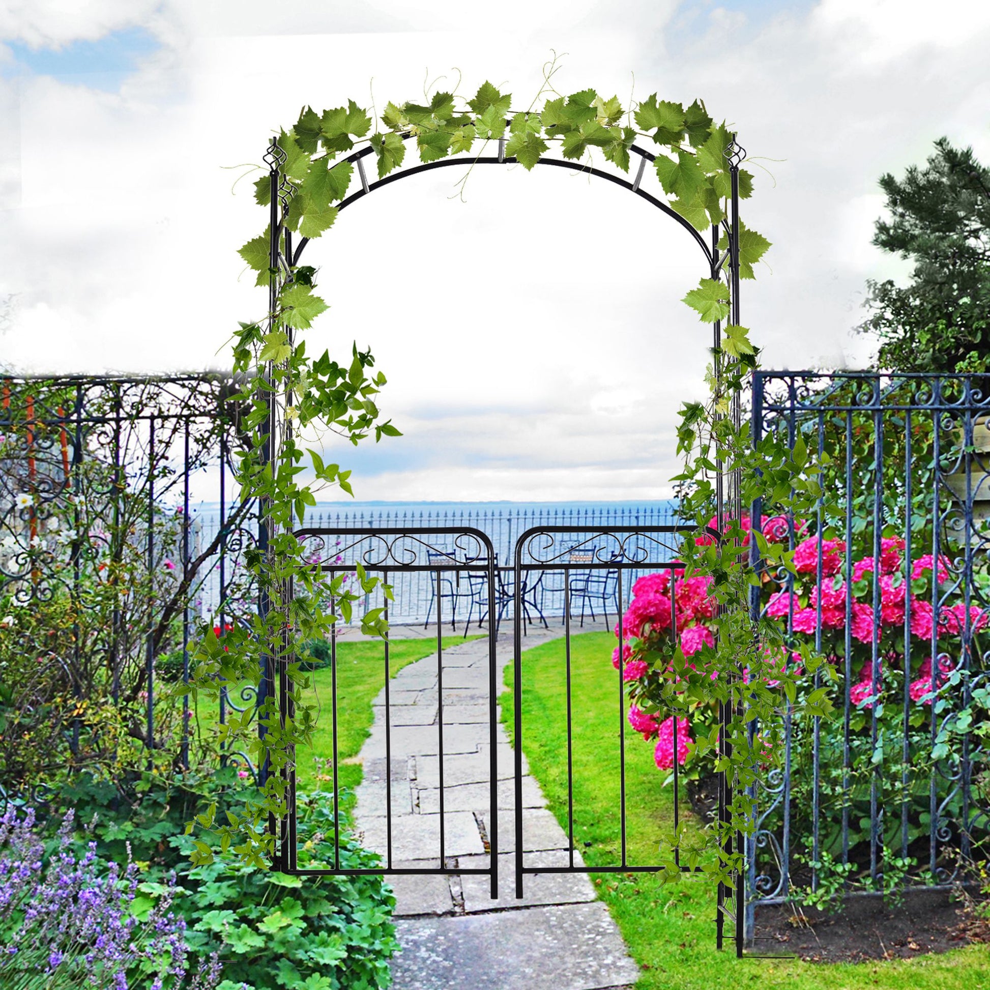 7' Metal Garden Arbor Arch with Scrollwork Doors for Ceremony, Weddings, Party, Backyard, Lawn at Gallery Canada