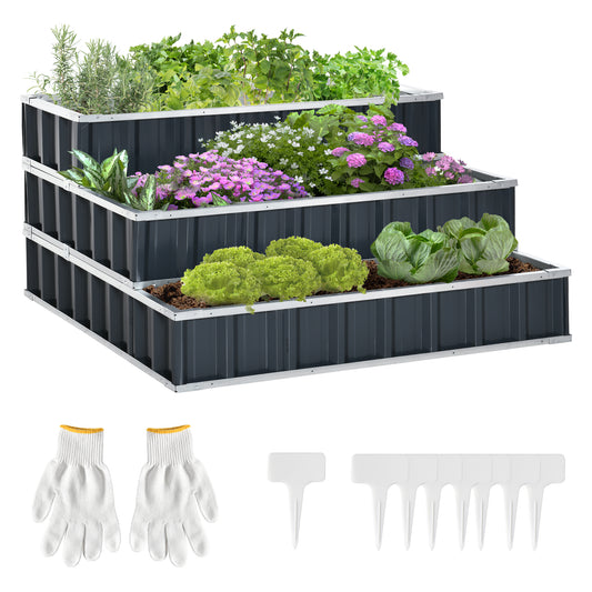47''x47''x25'' 3 Tier Raised Garden Bed, Metal Elevated Planer Box Kit w/ A Pairs of Glove for Backyard, Patio to Grow Vegetables, Herbs, and Flowers, Grey - Gallery Canada