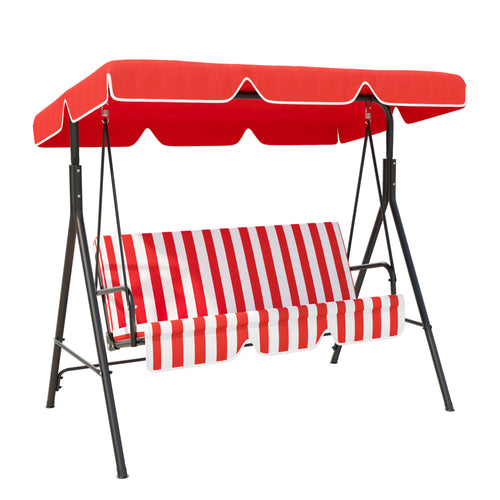 3-Seat Patio Swing Chair, Outdoor Porch Swing Glider with Adjustable Canopy, Removable Cushion, and Weather Resistant Steel Frame, for Garden, Poolside, Red and white