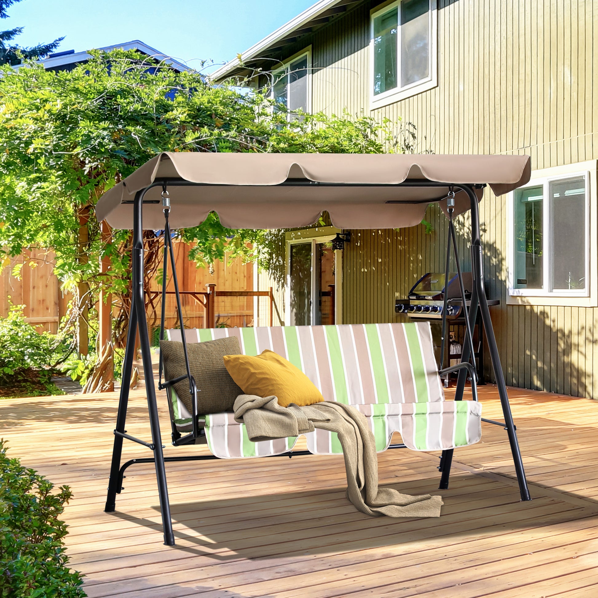 3-Seat Patio Swing Chair, Outdoor Porch Swing Glider with Adjustable Canopy, Removable Cushion, and Weather Resistant Steel Frame, for Garden, Poolside, Green Stripes at Gallery Canada