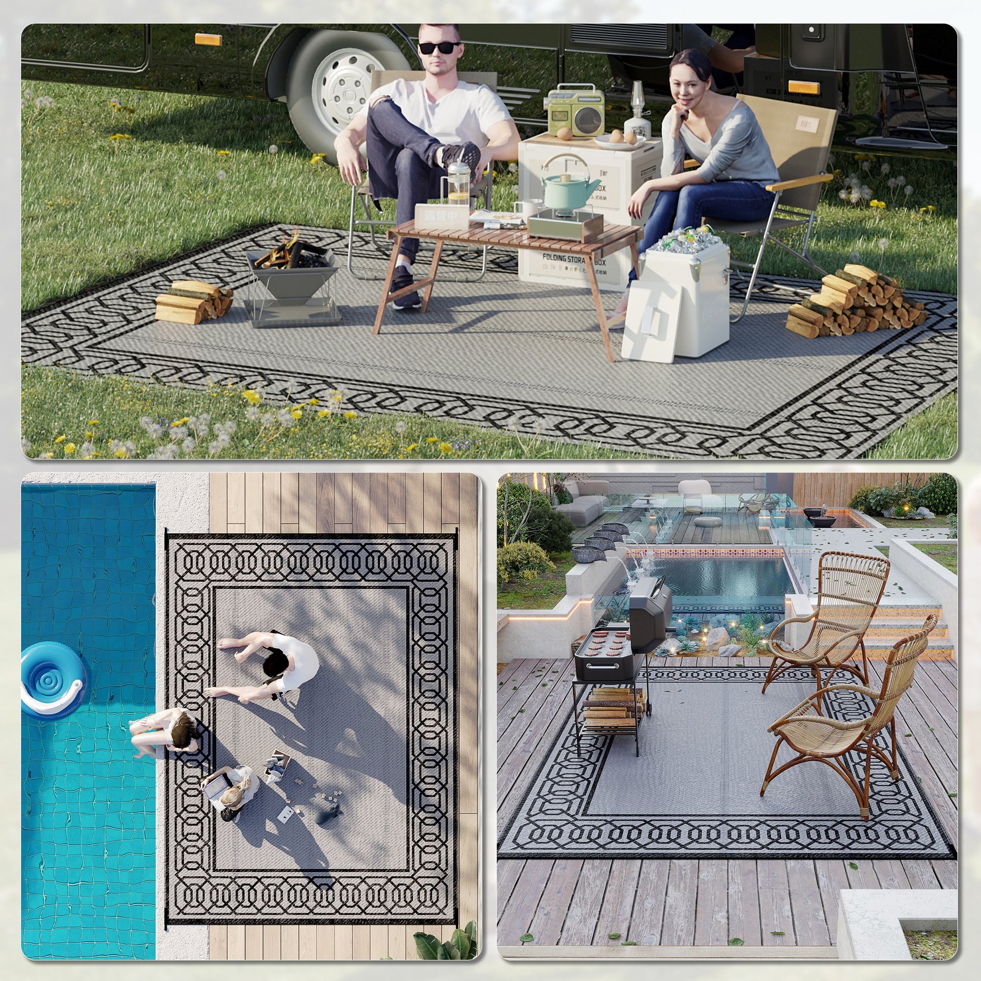 Portable Outdoor Rug with Carrying Bag, 9' x 12' Reversible Mat, Waterproof Plastic Straw RV Rug for Backyard, Deck, Picnic, Beach, Camping, Black and Grey at Gallery Canada