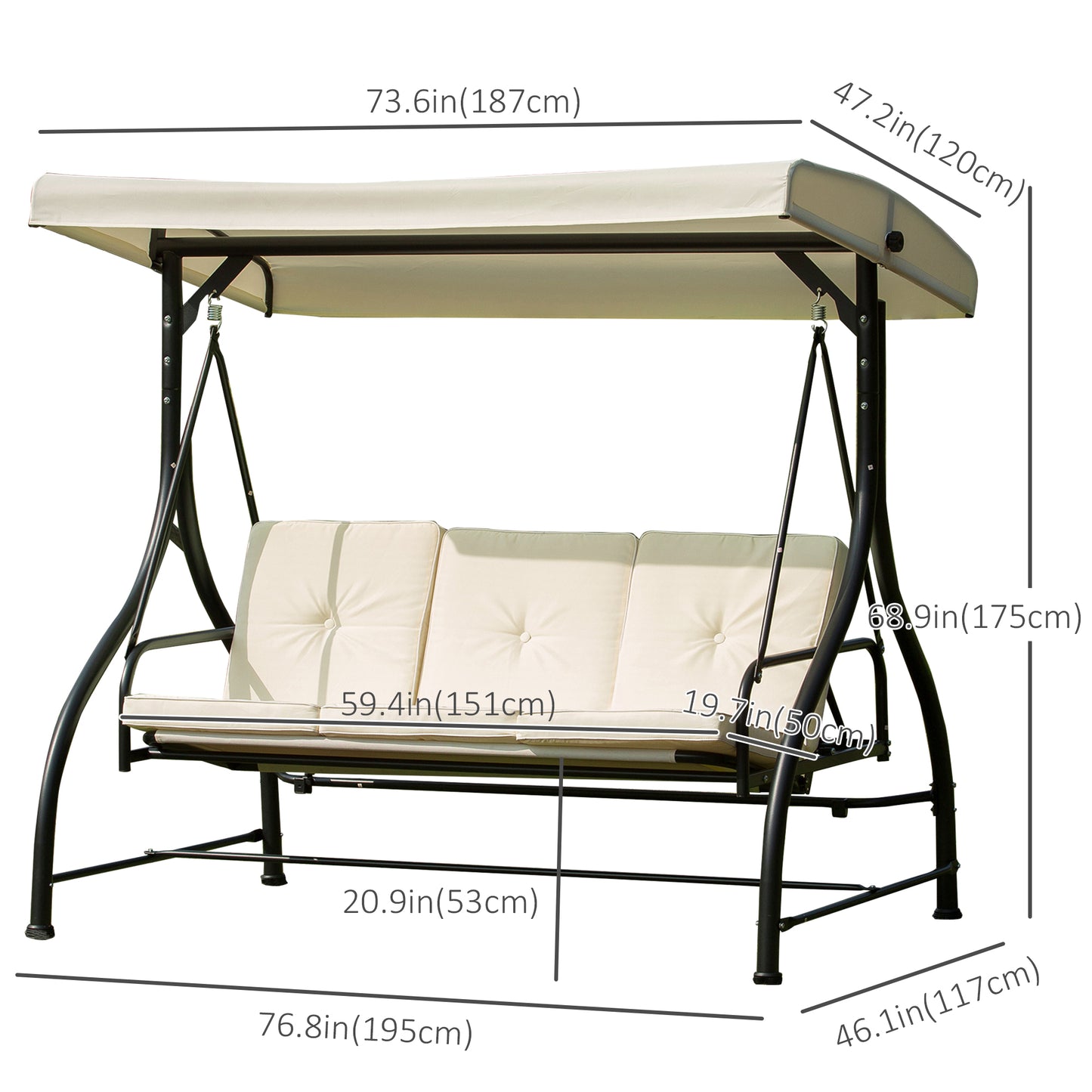 3 Seater Patio Swing Chair Convertible Cushioned Porch Swing Bed Outdoor Swing with Canopy Cream White at Gallery Canada