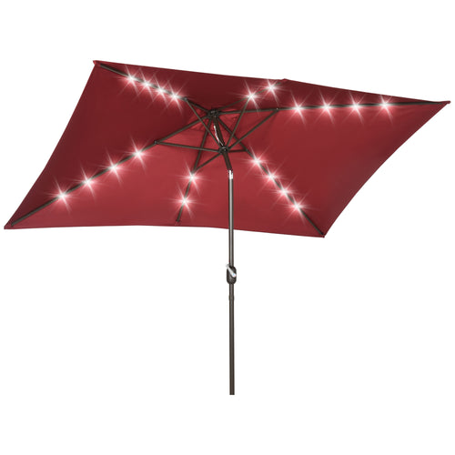 6.5x10ft Patio Umbrella Rectangle Solar Powered Tilt Aluminum Outdoor Market Parasol with LEDs Crank (Wine Red)