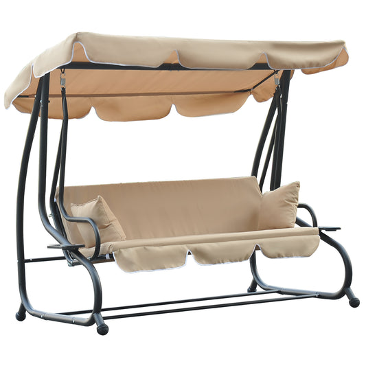 3-Seat Outdoor Patio Swing Chair, Converting Flat Bed, Canopy Swing with Adjustable Shade, Removable Cushions, Cup Holder, Beige at Gallery Canada