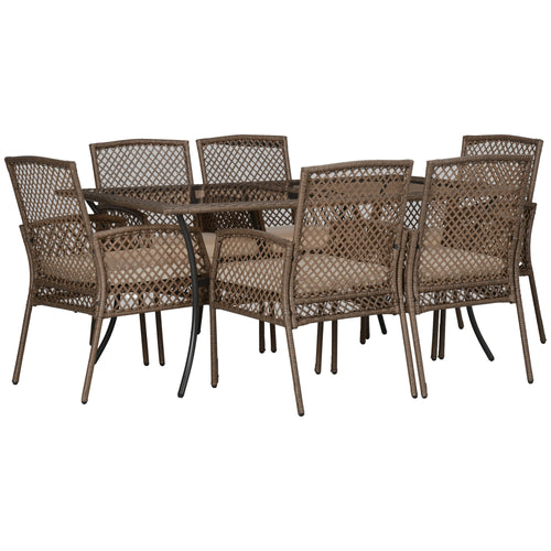 7 Pieces Wicker Patio Dining Set with Cushions, Outdoor PE Rattan Conversation Set with 1 Rectangular Glass Top Table and 6 Chairs, for Patio, Yard, Poolside, Beige