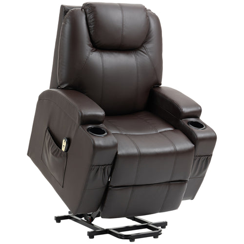 Power Lift Chair for Elderly, PU Leather Recliner Sofa Chair with Footrest, Remote Control, Side Pockets and Cup Holders, Brown