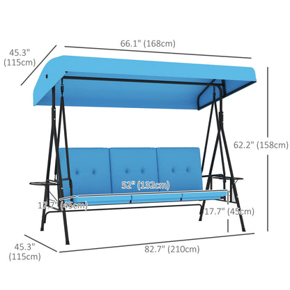 3-Seat Outdoor Porch Swing Patio Swing with Adjustable Canopy, Side Tray, Removable Cushion for Garden, Poolside, Blue at Gallery Canada
