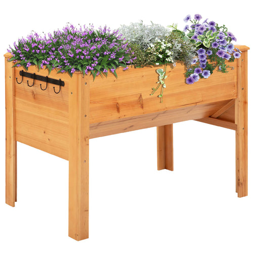 49'' x 24'' x 32'' Wooden Raised Garden Plant Stand Outdoor Tall Flower Bed Box with Hooks, Nature Wood Color