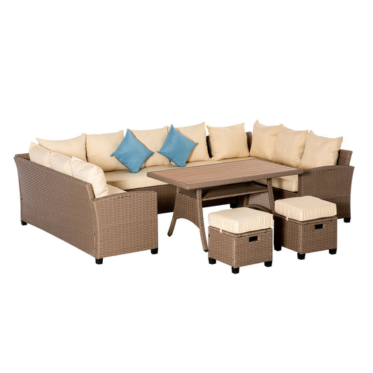 6 Pieces Patio Furniture Set, Outdoor Dinning Table Set, Wicker Sofa Set, All Weather PE Rattan Conversation Furniture, with Strip Wood Grain Plastic Coffee Table &; Cushions, Khaki at Gallery Canada