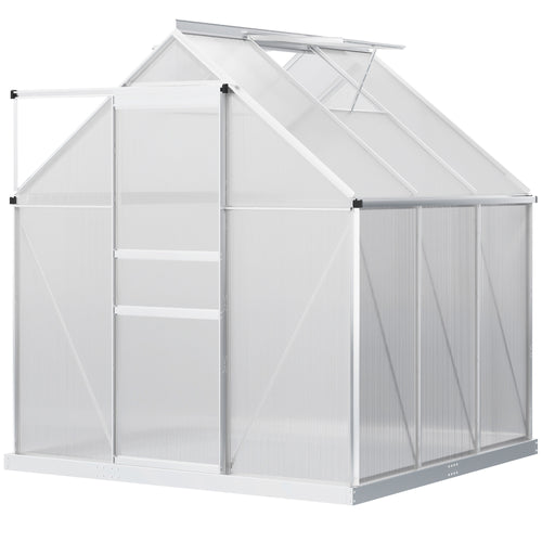 6' x 6' x 6.5' Polycarbonate Greenhouse, Walk-in Green House with Adjustable Roof Vent, Galvanized Base, Sliding Door and Rain Gutter for Outdoor, Garden, Backyard, Clear