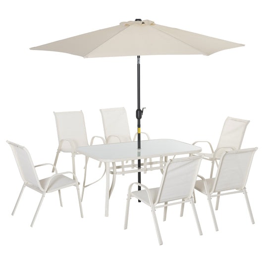 8 Pieces Patio Dining Set with Umbrella, Aluminum Frame Outdoor Patio Furniture Set with 6 Sling Chairs and Glass Top Rectangle Dining Table, Cream White at Gallery Canada