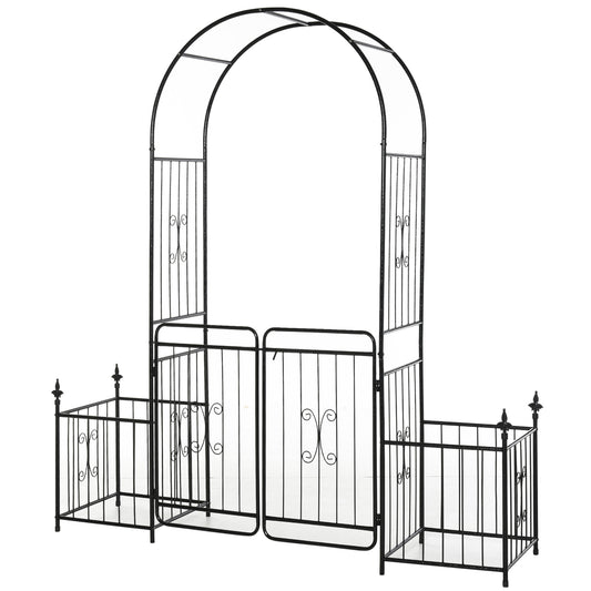 7.2FT Metal Garden Arbor Arch with Double Doors, 2 Side Planter Baskets, Climbing Vine Frame, Black - Gallery Canada