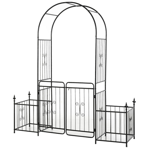 7.2FT Metal Garden Arbor Arch with Double Doors, 2 Side Planter Baskets, Climbing Vine Frame, Black