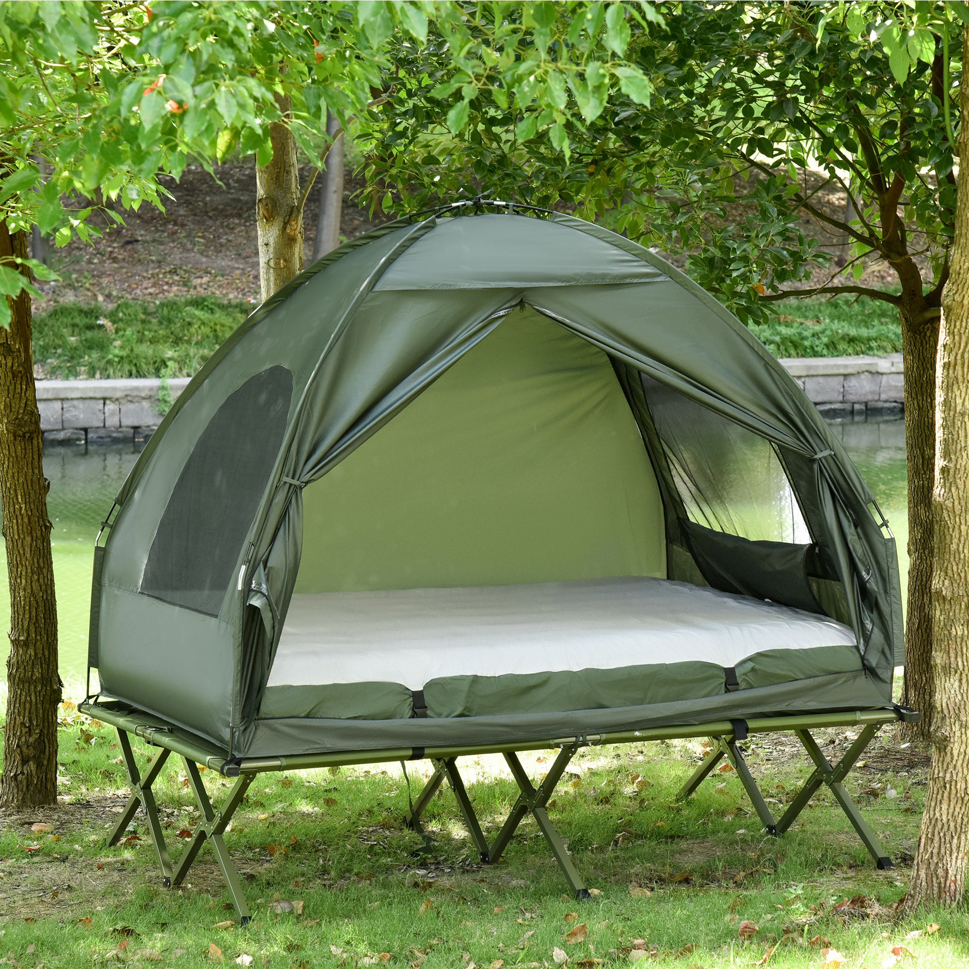 All in 1 Camping Combo Portable Folding Camping Tent Cot Air Mattress w/ Carry Bag and Pump Hiking Shelter Sleeping Bed Dark Green at Gallery Canada