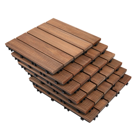 27 Pcs Wood Interlocking Deck Tiles, 12 x 12in Outdoor Flooring Tiles for Indoor and Outdoor Use, Tools Free Assembly, Brown - Gallery Canada