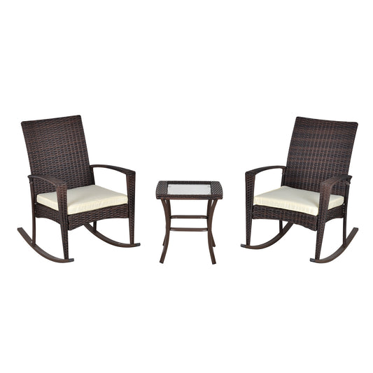 3 Pieces Patio Wicker Rocking Chair Set, Outdoor PE Rattan Bistro Set Conversation Rocker Set with 2 Chairs 1 Coffee Table for Backyard, Deck, Poolside, Cream White at Gallery Canada