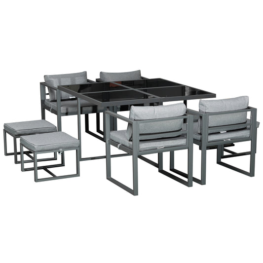9 Pieces Patio Dining Sets with 4 Chairs, 4 Ottoman and Glass Table, Cushioned Seating and Back, Aluminum Frame, Space Saving for Lawn, Garden, Backyard at Gallery Canada