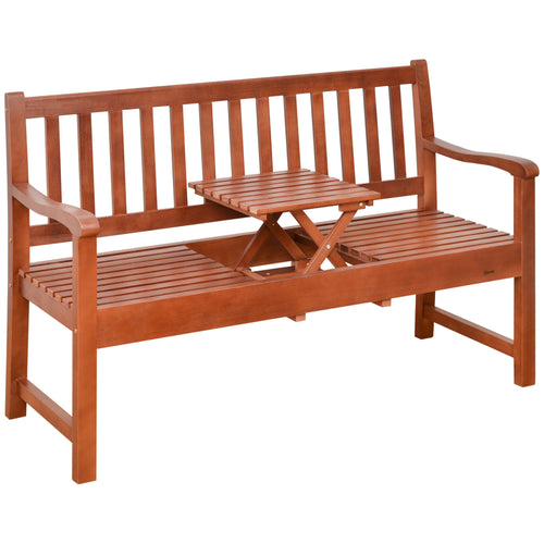 Wooden Garden Bench with Pullout Middle Table, Outdoor Loveseat, Patio Bench for Lawn, Yard, Deck and Backyard, Dark Coffee