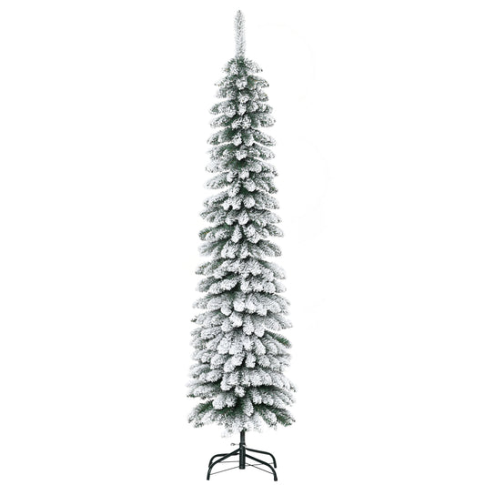 6 Ft Snow-Flocked Artificial Christmas Tree, Slim Pencil Xmas Tree with Realistic Branches, Metal Base, Green - Gallery Canada