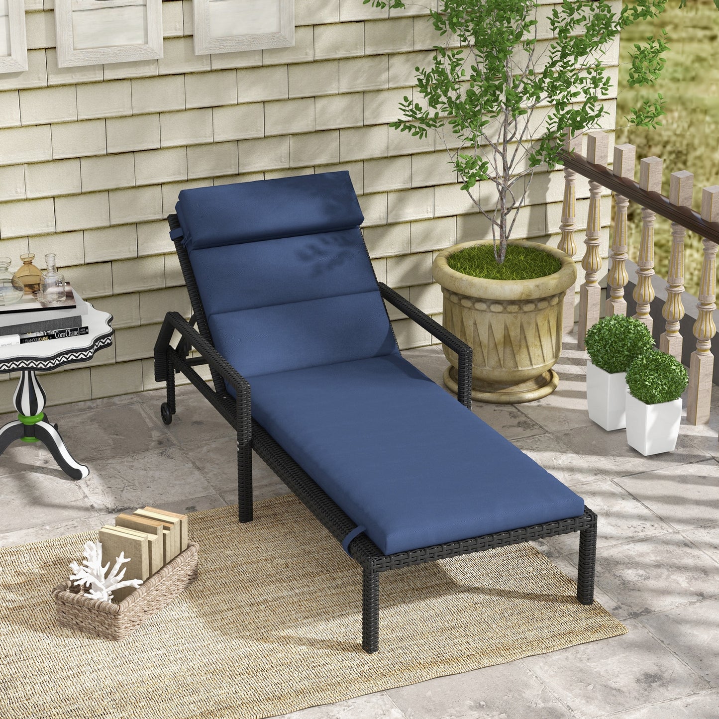 Patio Chaise Lounge Chair Cushion Replacement Sun Lounger Pads with Headrest and Ties, Dark Blue at Gallery Canada
