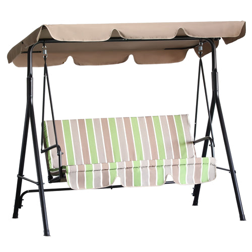 3-Seat Patio Swing Chair, Outdoor Porch Swing Glider with Adjustable Canopy, Removable Cushion, and Weather Resistant Steel Frame, for Garden, Poolside, Green Stripes