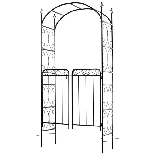 7' Metal Garden Arbor Arch with Scrollwork Doors for Ceremony, Weddings, Party, Backyard, Lawn
