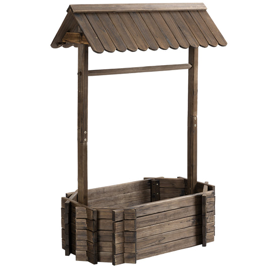 Wooden Wishing Well Garden Bed, Rustic Outdoor Flower Planter Patio Ornamental for Plants, Herb, Vegetables, Rustic Brown - Gallery Canada