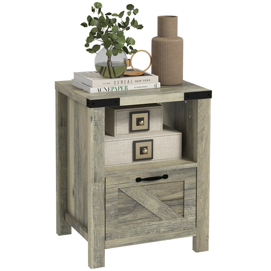 Side Table with Storage, Farmhouse End Table with Drawer, Open Shelf and Barn-style Panel, Accent Table for Living Room, Bedroom, Grey at Gallery Canada