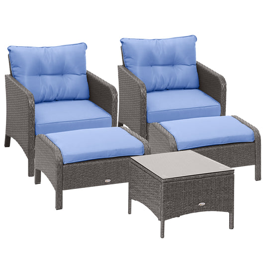 5pcs Patio Rattan Coffee Set Garden Wicker Bistro Set with Ottoman Yard Sofa Conversation Set Armchairs Tea Table &; Footstool w/ Cushions All Weather Deck Furniture, Blue - Gallery Canada