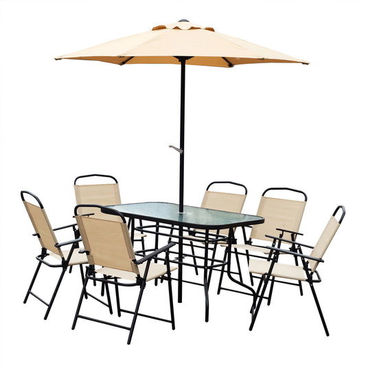 8pc Patio Garden Texteline Dining Set Outdoor Bistro Furniture 6 Folding Chairs with Table and Umbrella Beige at Gallery Canada