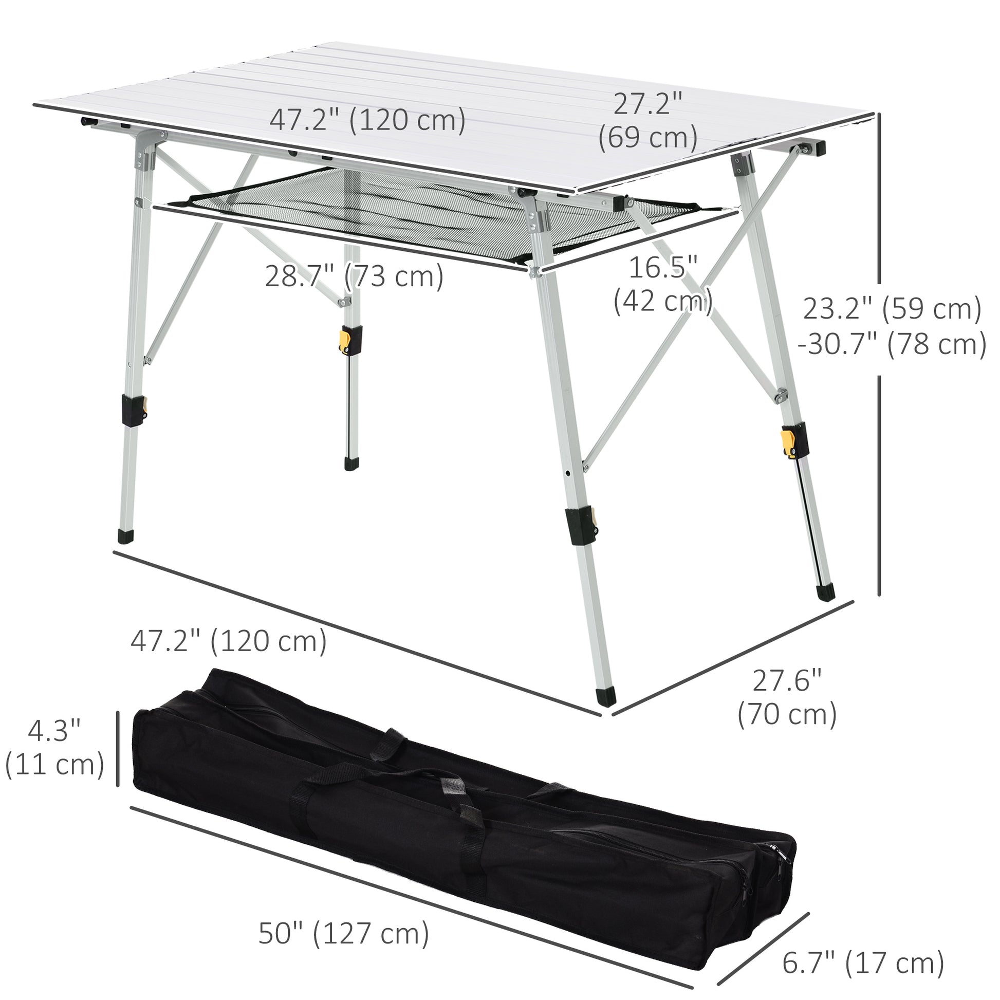 4FT Folding Aluminium Picnic Table Portable Camping BBQ Table Roll Up Top Mesh Layer Rack with Carrying Bag Silver at Gallery Canada