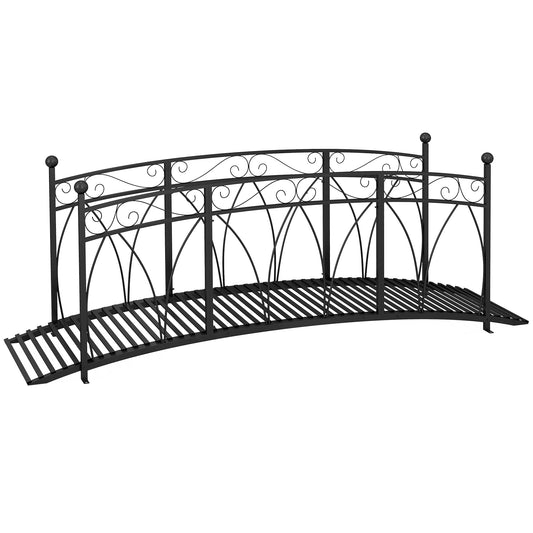8' Metal Arch Garden Bridge Arc Footbridge with Guardrails and Decorative Scrollwork, Black - Gallery Canada