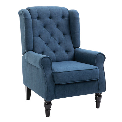 Fabric Accent Chair, Button Tufted Armchair, Modern Living Room Chair, Wingback Chair with Wood Legs, Rolled Arms, Thick Padding for Bedroom, Blue