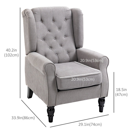 Fabric Accent Chair, Button Tufted Armchair, Modern Living Room Chair, Wingback Chair with Wood Legs, Rolled Arms, Thick Padding for Bedroom, Grey
