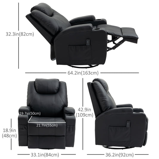Faux Leather Recliner Chair with Massage, Vibration, Muti-function Padded Sofa Chair with Remote Control, 360 Degree Swivel Seat with Dual Cup Holders, Black at Gallery Canada