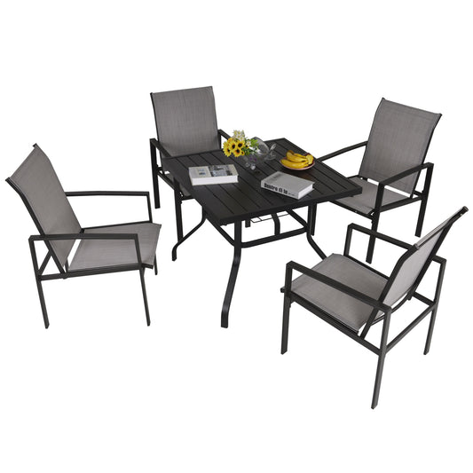 5pc Patio Garden Table Set Outdoor Furniture Dining Set w/ Metal Slat Finish and 1.75" Umbrella Hole for Backyard Porch, Grey at Gallery Canada