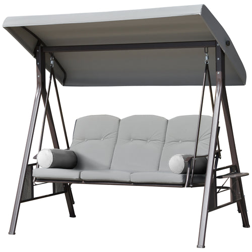 Outdoor Patio 3-Person Steel Canopy Cushioned Seat Bench Swing with Included Side Trays &; Padded Comfort, Light Grey