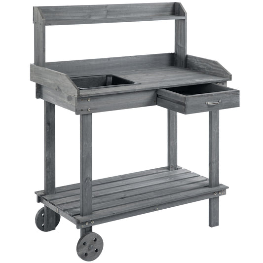 36" Wooden Potting Bench Work Table with 2 Removable Wheels, Sink, Drawer &; Large Storage Spaces, Gray - Gallery Canada
